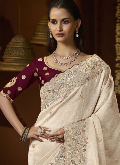 
                            Jacquard Cream Trendy Saree