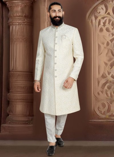 Jacquard Sherwani in Off White Colour