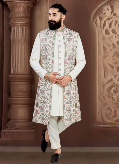 Jacquard Sherwani in Off White Colour