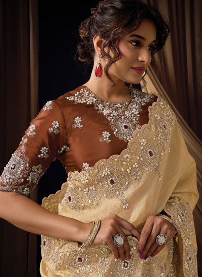 
                            Jacquard Silk Sequins Traditional Saree in Cream