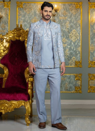 Jodhpuri Suit Embroidered Silk in Grey Colour