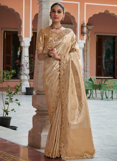 Kanjivaram Silk Embroidered Classic Saree in Cream Colour
