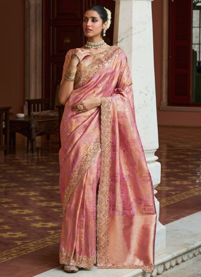 Kanjivaram Silk Embroidered Saree in Pink Colour
