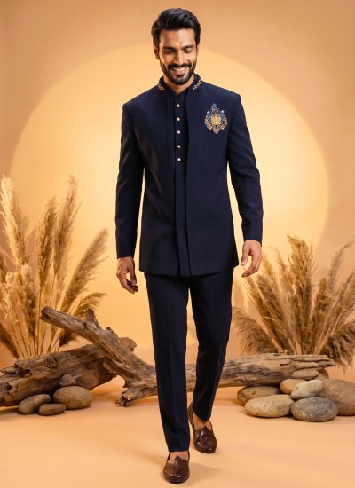 Lachka Handwork Jodhpuri Suit in Navy Blue Colour