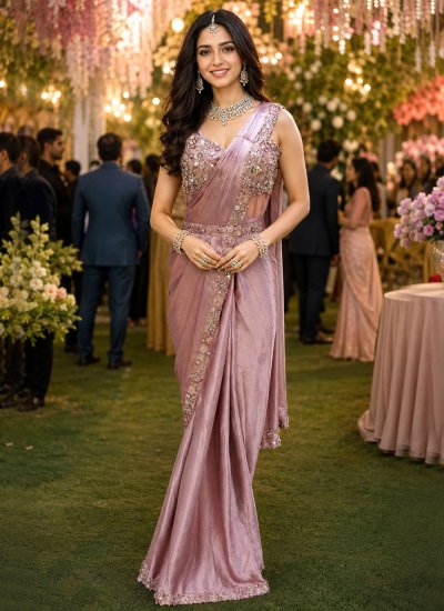 Latest Embroidered Lavender Satin Contemporary Saree