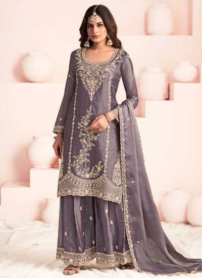 Lavender Embroidered Silk Palazzo Salwar Kameez