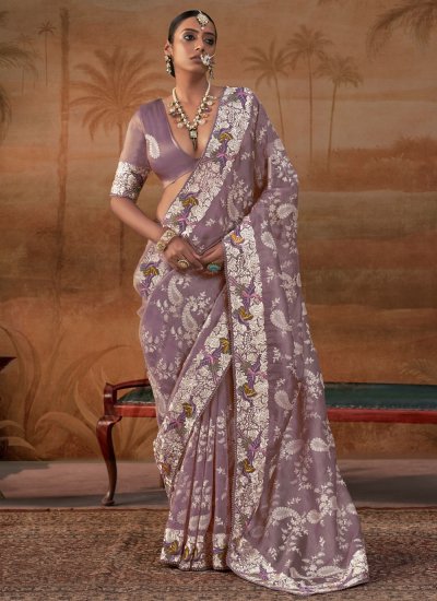 Lavender Handloom silk Embroidered Contemporary Saree