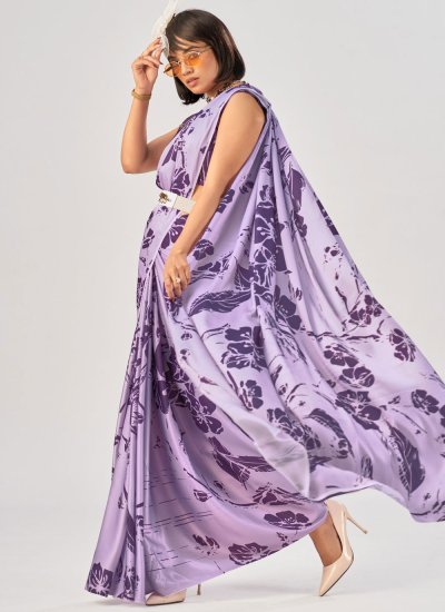 
                            Lavender Satin Silk Printed Classic Saree