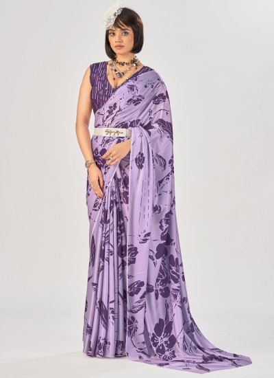 Lavender Satin Silk Printed Classic Saree