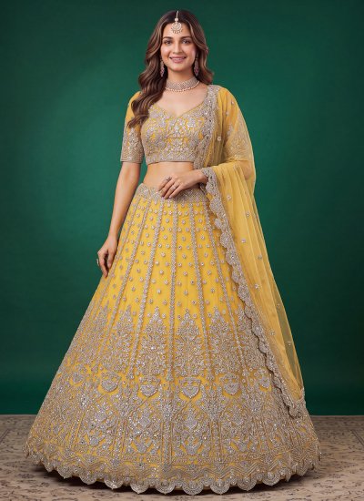 Lehenga Choli Zari Net in Yellow Colour
