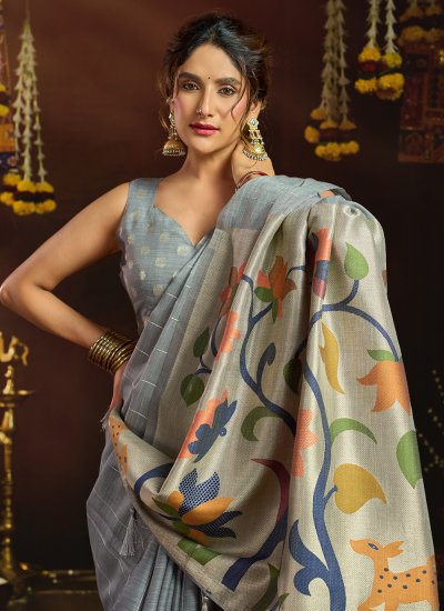 
                            Linen Sequins Contemporary Saree in Grey