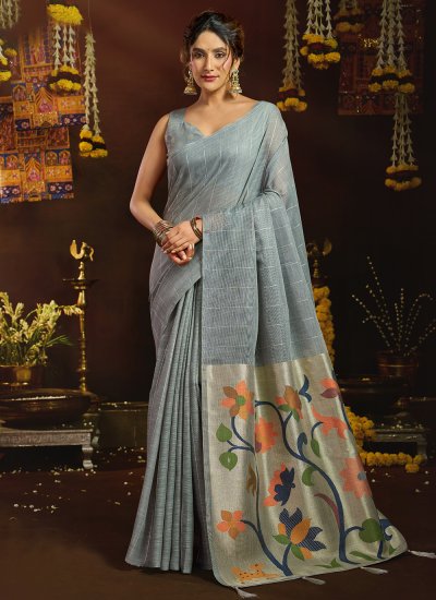 Linen Sequins Contemporary Saree in Grey