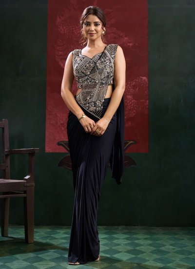 Lycra Embroidered Black Contemporary Saree
