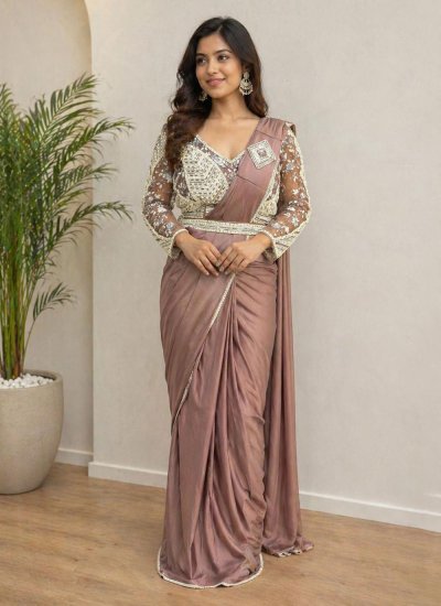 Lycra Embroidered Brown Saree