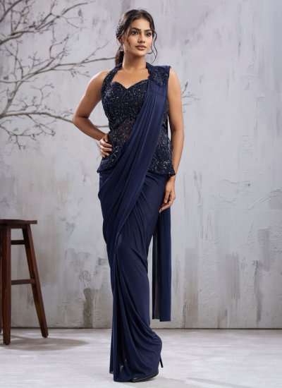 Lycra Navy Blue Beads Classic Saree
