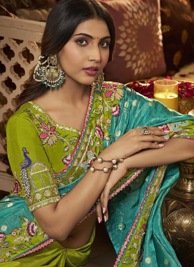
                            Majestic Silk Aqua Blue and Green Trendy Saree