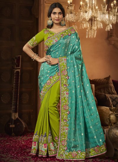 Majestic Silk Aqua Blue and Green Trendy Saree