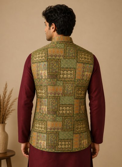 
                            Maroon and Multi Colour Buttons Kurta Payjama With Jacket