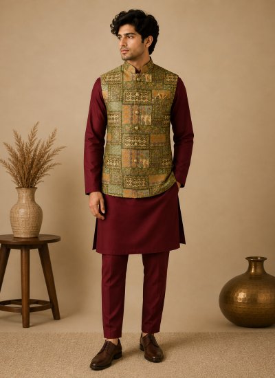 Maroon and Multi Colour Buttons Kurta Payjama With Jacket