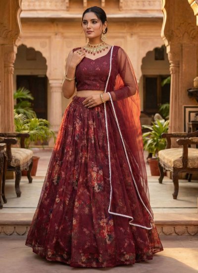 Maroon Ceremonial Organza Lehenga Choli