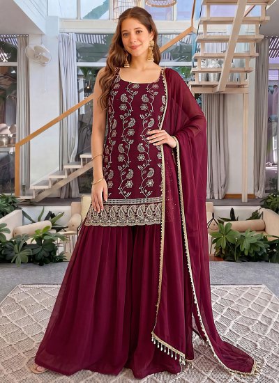 Maroon Party Faux Georgette Palazzo Salwar Kameez