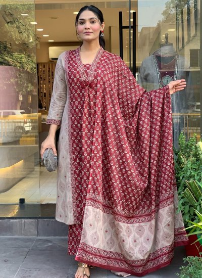 Maroon Printed Party Pant Style Suit
