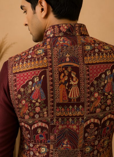 
                            Maroon Reception Silk Kurta Payjama With Jacket
