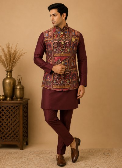 Maroon Reception Silk Kurta Payjama With Jacket