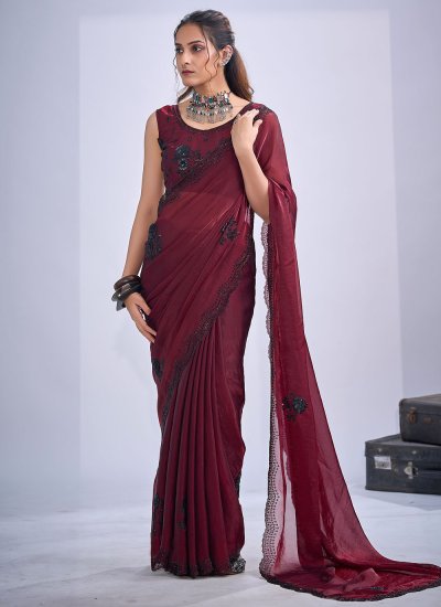 Maroon Satin Silk Festival Contemporary Saree