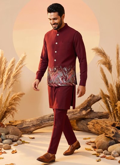 Maroon Silk Embroidered Kurta Payjama With Jacket