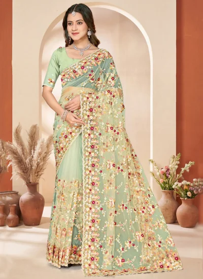 Masterly Embroidered Net Green Traditional Saree
