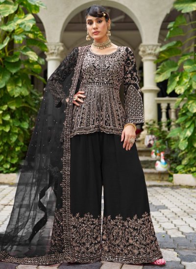Mesmeric Chinon Embroidered Black Salwar Kameez