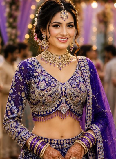 
                            Mesmeric Purple Net Trendy Lehenga Choli