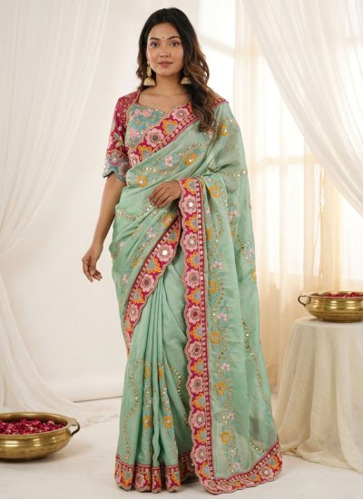 Mirror Rangoli Traditional Saree in Green Colour