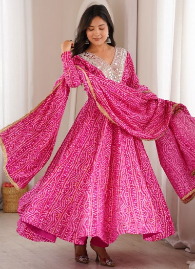 Mirror Rayon Anarkali Salwar Kameez in Pink Colour