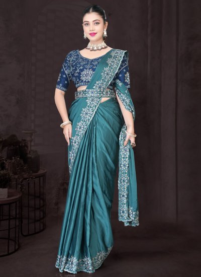 Modern Teal Embroidered Silk Contemporary Saree