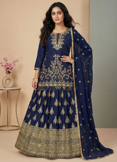 Modernistic Navy Blue Embroidered Chinon Readymade Lehenga Choli