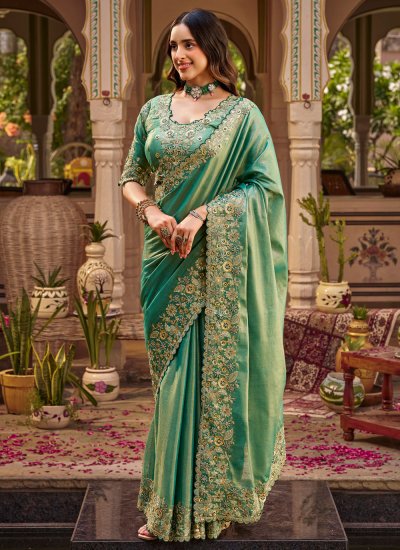 Modest Sea Green Engagement Saree