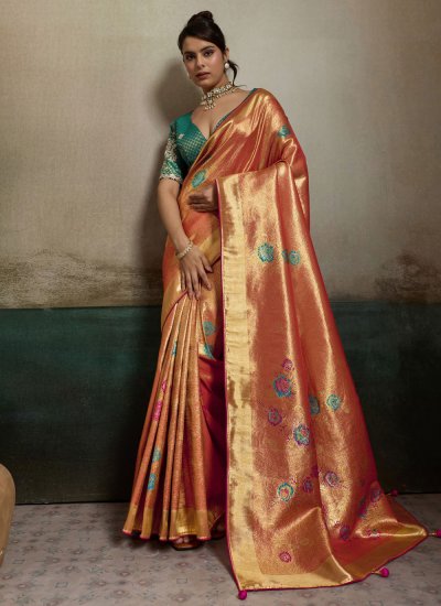 Modish Jacquard Orange Meenakari Contemporary Saree