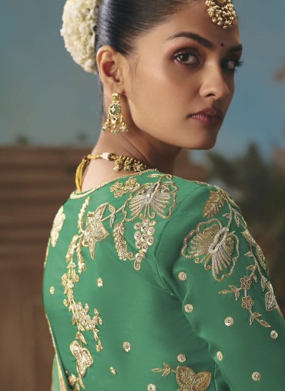 
                            Modish Tissue Cream and Green Embroidered Classic Saree