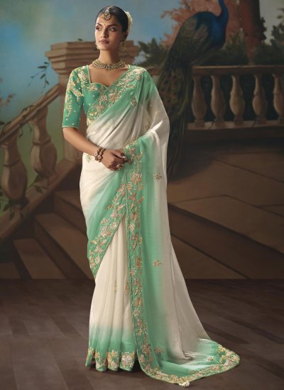 Modish Tissue Cream and Green Embroidered Classic Saree