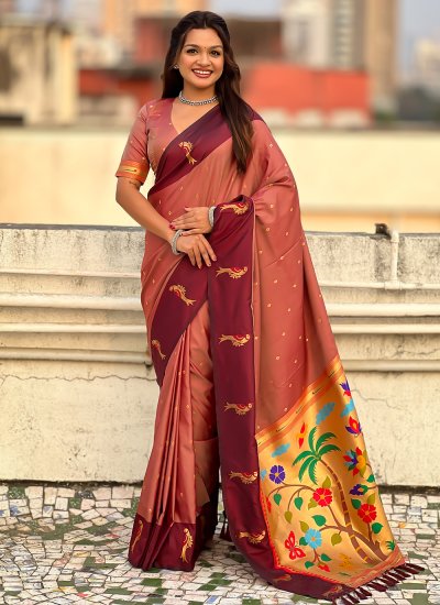 Modish Woven Silk Pink Contemporary Saree