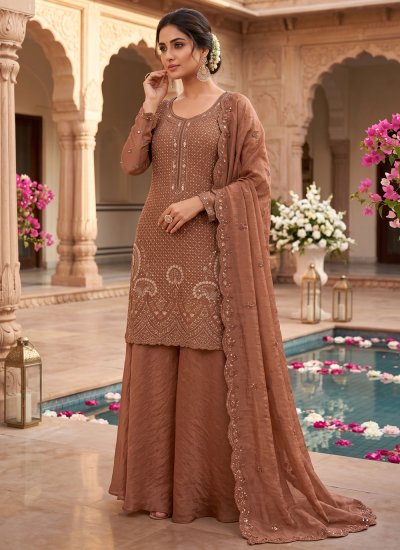 Moss Beads Salwar Kameez in Brown Colour