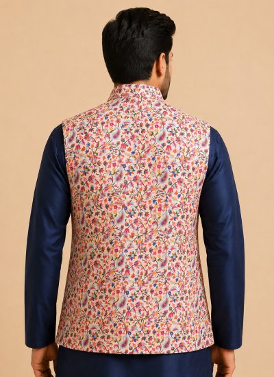 
                            Multi Colour and Navy Blue Cotton Silk Printed Kurta Payjama With Jacket