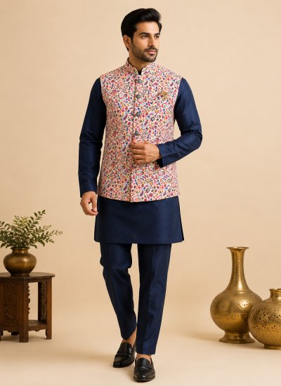 Multi Colour and Navy Blue Cotton Silk Printed Kurta Payjama With Jacket