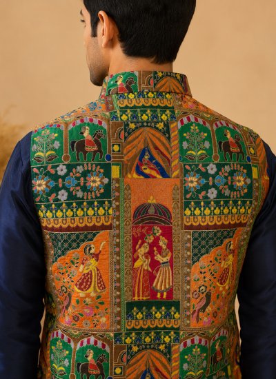 
                            Multi Colour and Navy Blue Fancy Silk Kurta Payjama With Jacket