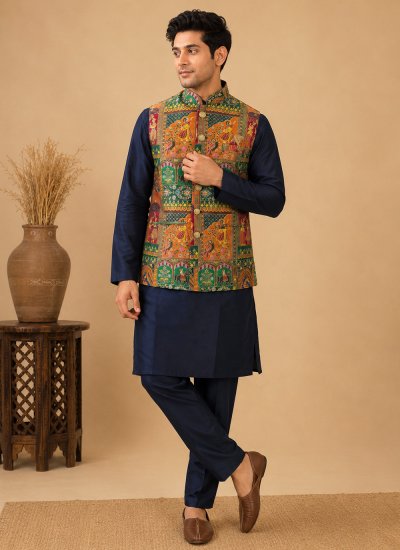 Multi Colour and Navy Blue Fancy Silk Kurta Payjama With Jacket