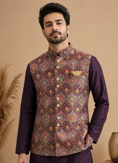 
                            Multi Colour and Wine Buttons Engagement Kurta Payjama With Jacket