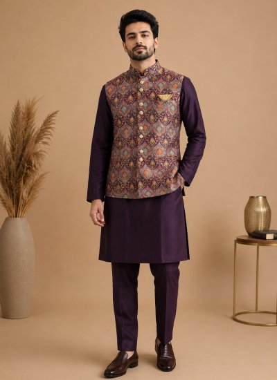 Multi Colour and Wine Buttons Engagement Kurta Payjama With Jacket