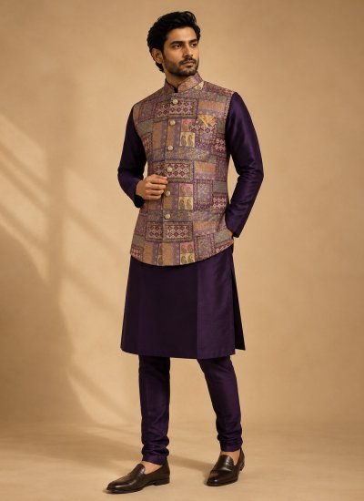 Multi Colour and Wine Festival Silk Kurta Payjama With Jacket